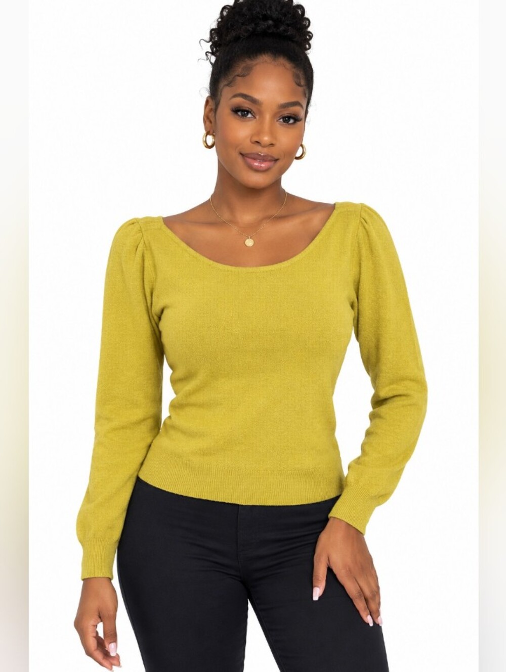 Scoop Neck Puff Sleeve Sweater - Olive